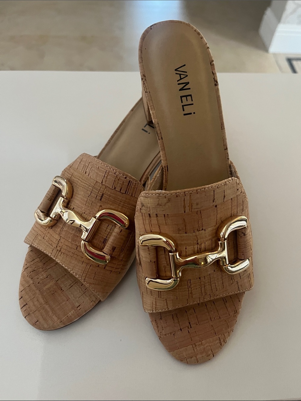 Vaneli Tan Cork Slide Mules with Gold Hardware